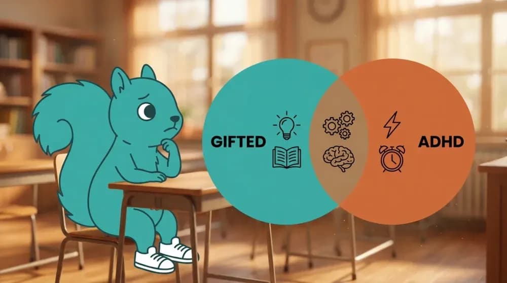 Squirrel sitting at a crossroads signpost — Gifted ADHD or Both — illustrating the twice-exceptional diagnostic question