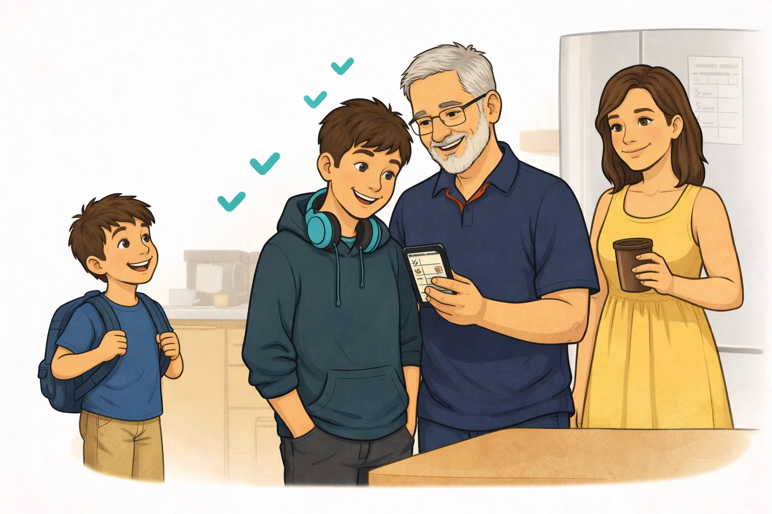 Neurodivergent family using Squirrel executive function app — calm morning routine with shared task list, organized and peaceful