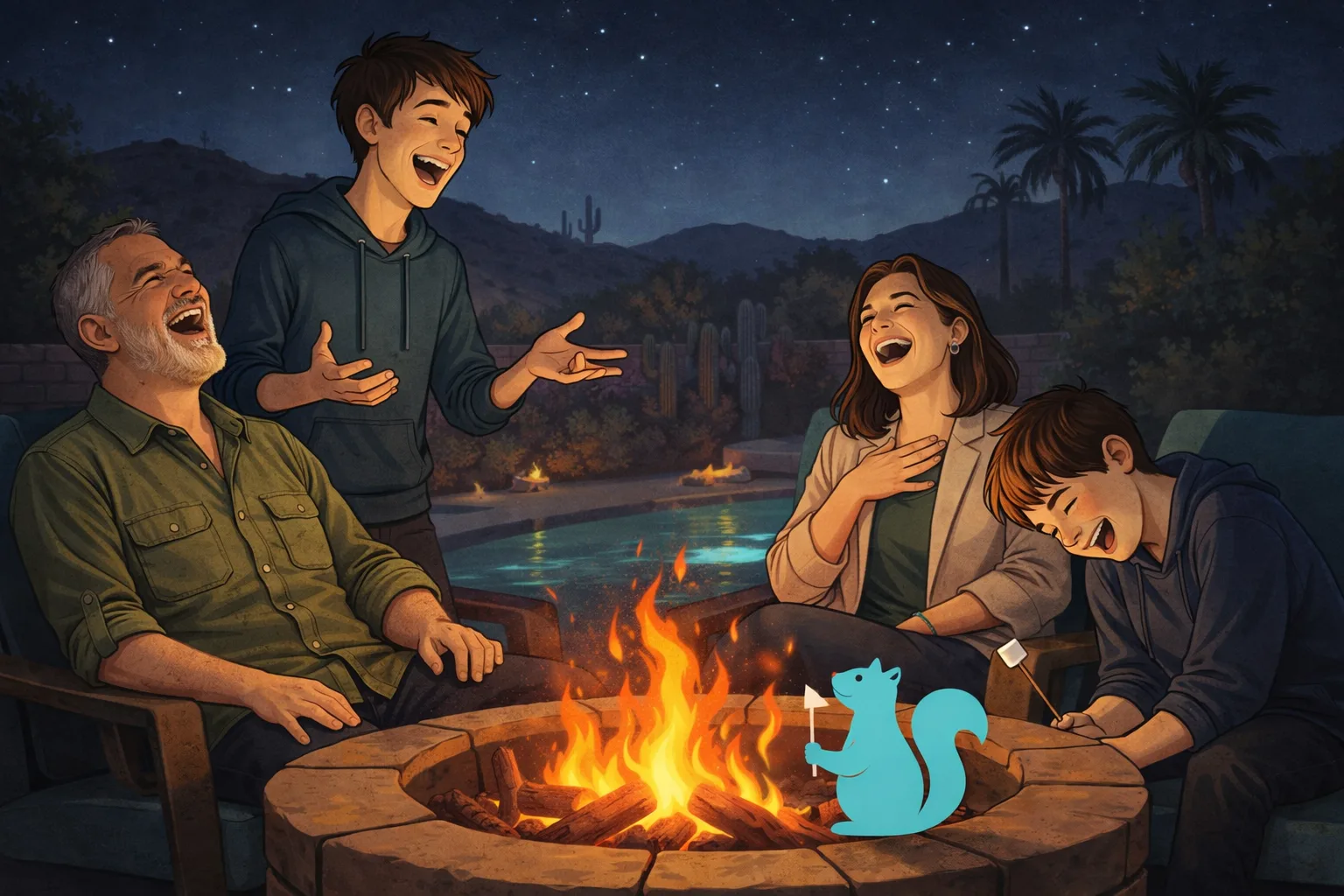 Happy neurodivergent family relaxing around fire pit — the peace that comes after structured executive function support